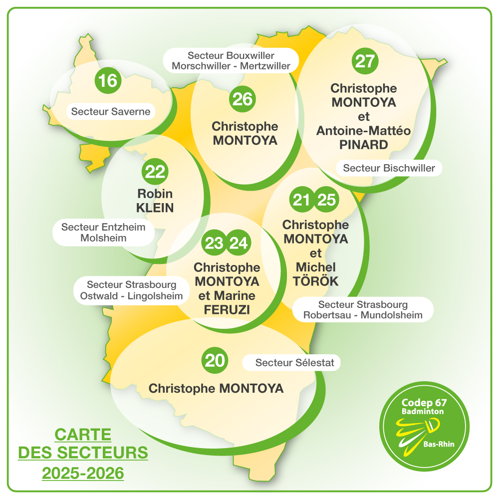 Carte des secteurs du Codep67 badminton